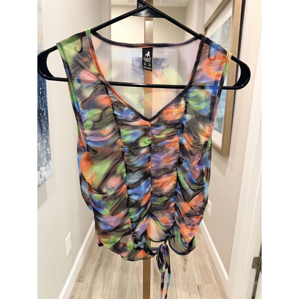 Cuidado con el Perro Mesh Ruched Top M Y2K Fairycore Abstract Tie Front Sheer